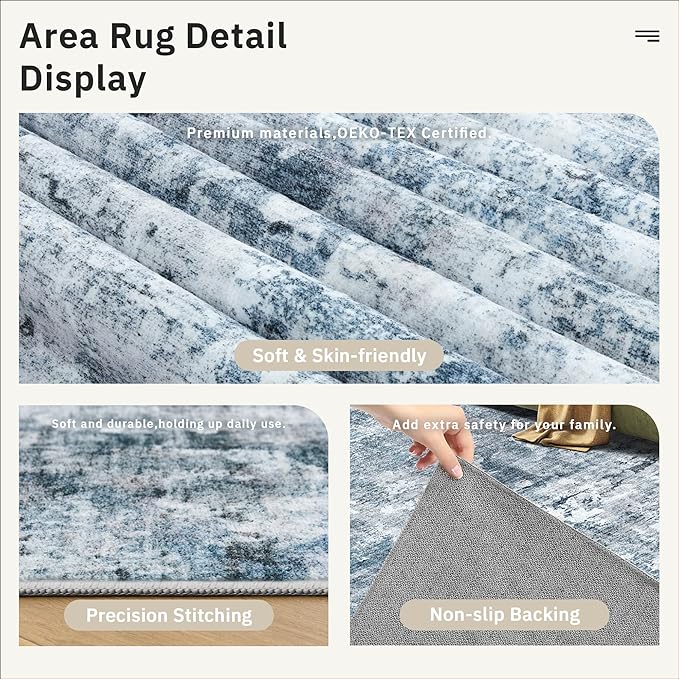 Runner Rug 2x5 Washable Non-Slip Kitchen Runner Rugs for Bathroom Laundry Room Blue/Grey Vintage Floor Carpet Runners for Hallway Entryway
