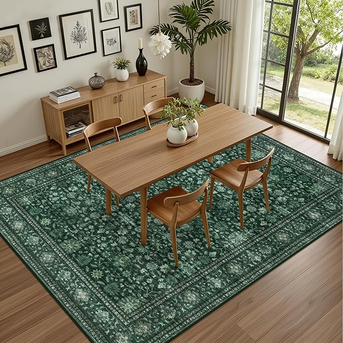 Area Rugs 9x12 Living Room Rug: Washable Rug Soft Vintage Distressed Floral Carpet Indoor Non-Slip Stain Resistant Large Carpets for Bedroom Dining Room Farmhouse Nursery Home Office Deep Green