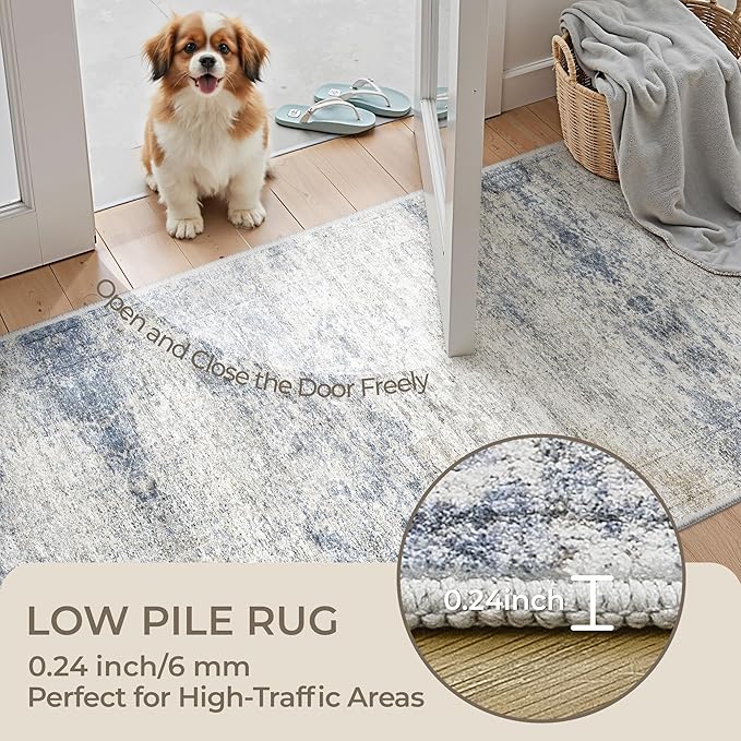 Kitchen Runner Rug Non Slip - 2.5 x 8 Runners for Hallways, Entryway, Bedroom, Washable Runner Rugs for Bathroom, Laundry Room, Low Pile Soft Vintage Area Rug(2.5'x8', Blue/Brown/Ivory)