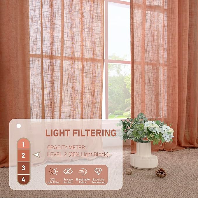 LAMIT Light Filtering Linen Curtains 54 inches Long for Bedroom, Linen Textured Semi Sheer Back Tab and Rod Pocket Terracotta Boho Drapes for Living Room, 2 Panels, 52 x 54 Inch