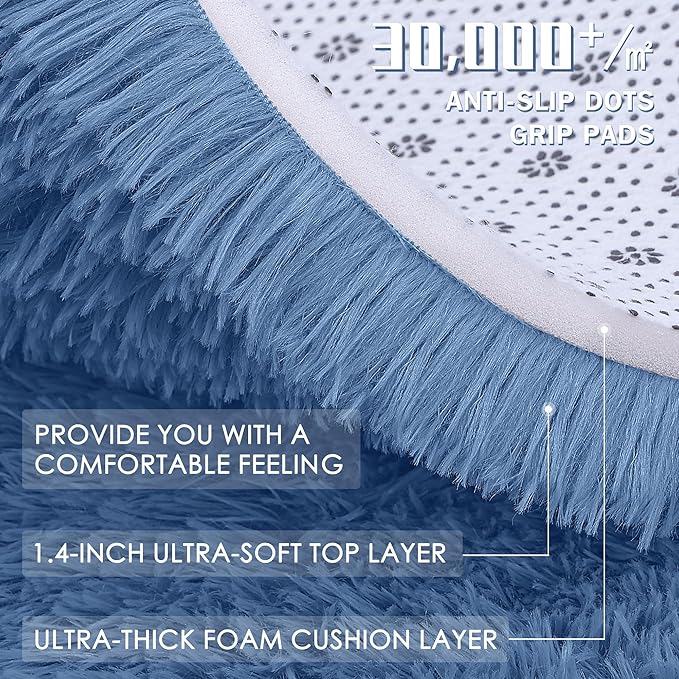 OLANLY Blue Round Rugs for Bedroom - Machine Washable, 9 ft Circle Area Rugs for Living Room, Soft and Fluffy Shaggy Carpet for Teen Girl and Boys, Nursery Rooms, Dorms, Home Decor Aesthetic