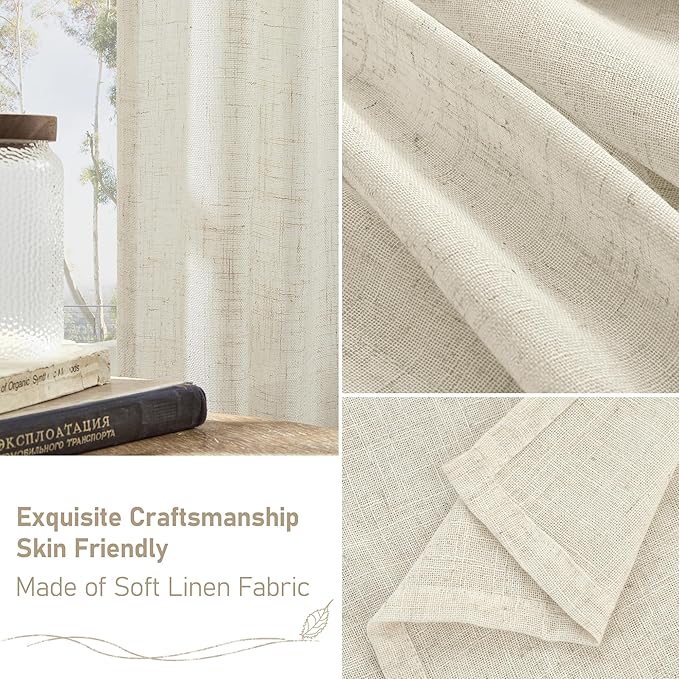 LAMIT 60 Inch Wide Linen Curtains 95 Inches Long, Ivory Cream Light Filtering Faux Linen Textured Bedroom Panels Semi Sheer Back Tab and Rod Pocket Boho Drapes for Living Room/Farmhouse, 2 Panels