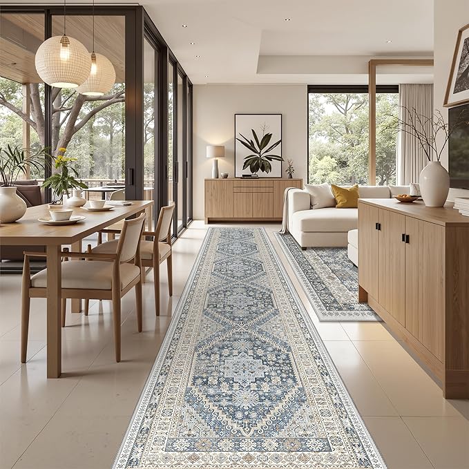 Washable Runner Rug 2.5x16, Non-Slip Long Kitchen Mats for Floor, Vintage Rug for Entryway, Soft Hallway Runner for Dining Room, Bedroom, Living Room(Blue/Beige,2.5'x16')