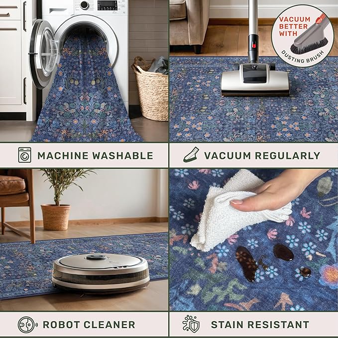 Vintage Dark Blue Living Room Rug 5x8 Area Rug - Vintage Floral Forest Washable Mat for Dining Room, Bedroom, Low Pile Non Slip Stain Resistance Distressed Retro Indoor Boho Floral Carpet