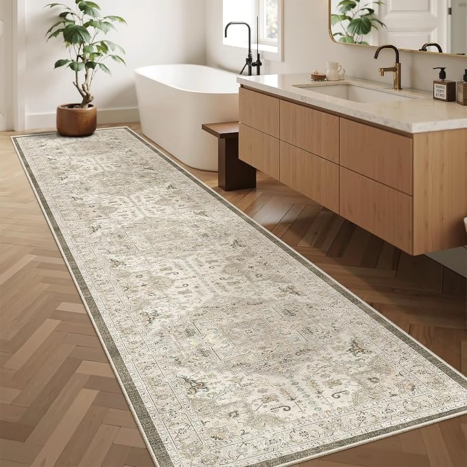Madane Hallway Runner Rug 2'6''x12' Kitchen Runner, Non Slip Vintage Runners for Hallways Washable Kitchen Rugs Soft Low Pile 2.5x12 ft Rug Runner for Laundry Room, Entryway and Bedroom, Ivory/Brown