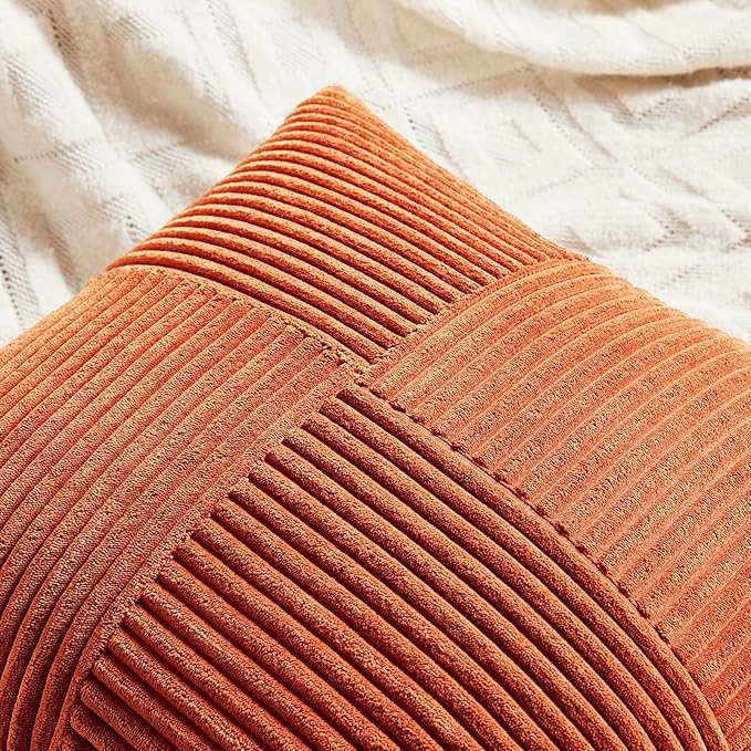 Fancy Homi Set of 2 Burnt Orange Decorative Throw Pillow Covers 22x22 Inch for Living Room Couch Bed, Boho Farmhouse Fall Home Decor, Soft Corss Corduroy Patchwork Textured Cushion Case 55x55 cm