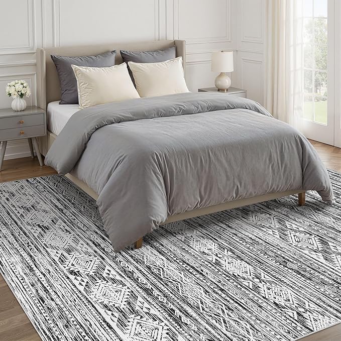 Nakagishi 9x12 Area Rugs Living Room: Washable Large Neutral Soft Rug Stain Resistant Non-Slip Carpet for Men Modern Home Enthusiasts Aged 25-45 - High Traffic Areas - Bedroom Office - Black White