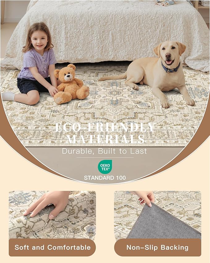 Madane Washable Runner Rug - 2x6 Rug Runners for Hallways 6 Foot Non Slip Vintage Kitchen Runner Rug Ultra-Thin Bathroom Runner Rugs Carpet Laundry Room Bedroom (2x6ft, Beige/Blue)