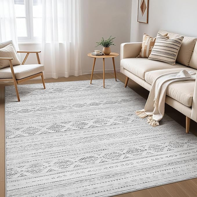 Nakagishi 7x9 Area Rug Living Room: Washable Boho Large Neutral Soft Farmhouse Modern Rugs Stain Resistant Moroccan Non-Slip Indoor Carpet for Bedroom Nursery Kids Office Dining Room- Dark Grey