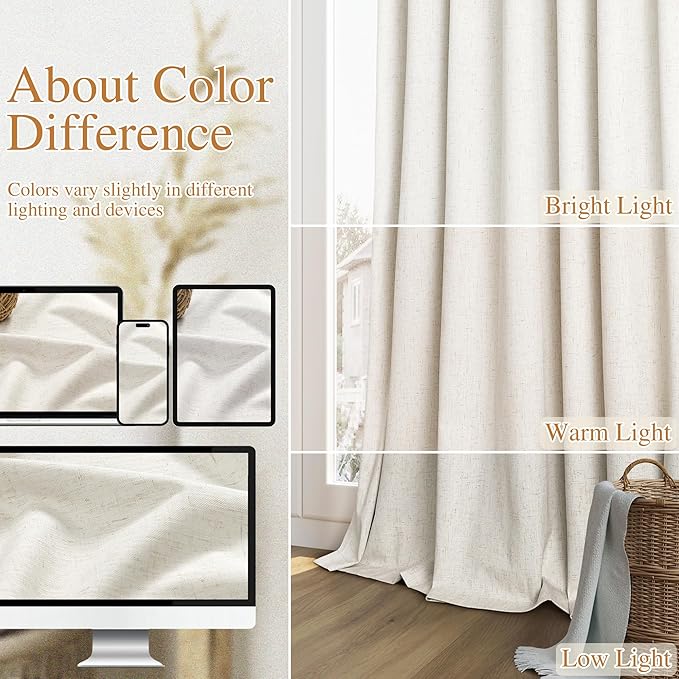 Guken 100% Blackout Cream Linen Curtains 110 Inch Wide by 52 Inch 2 Panels Set for Living Room Bedroom Back Tab Thermal Insulated Black Out Linen Drapes Room Darkening Window Curtains