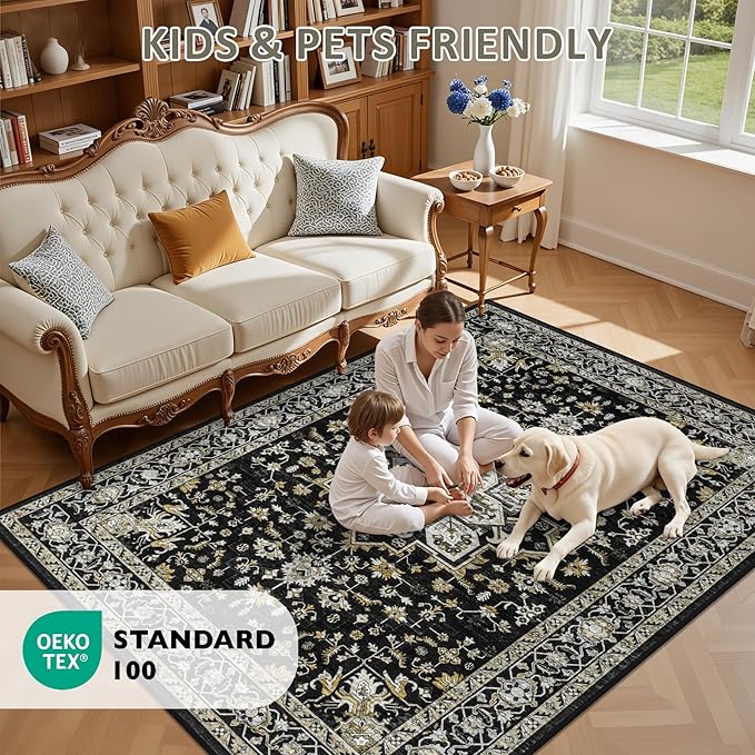 6x9 Area Rugs Living Room Rug: Washable Vintage Boho Medallion Rug No Slip Stain Resistant Soft Carpet Indoor Large Carpets for Bedroom Dining Room Farmhouse Nursery Hallway Home Office Black Gold