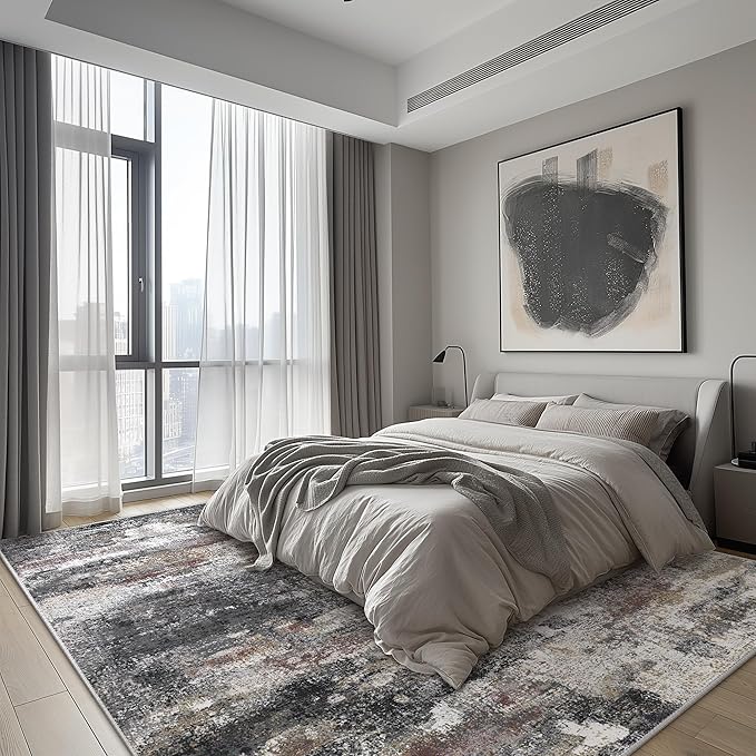 Area Rugs 8x10 for Living Room Bedroom, Modern Abstract Machine Washable Soft Dark Gray Rug, Floor Carpet with Non Slip Backing for Dining Room