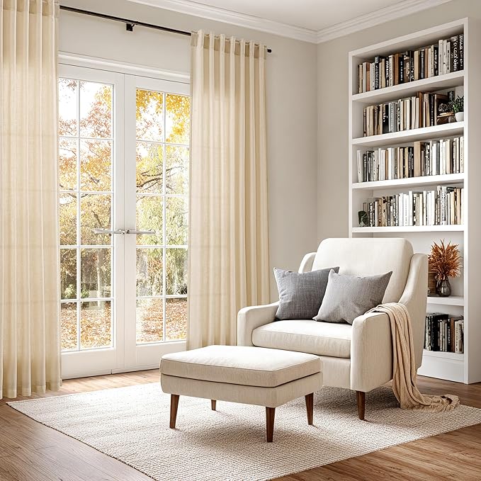 Tan Linen Curtains 96 Inches Long for Living Room Rod Back Tab Vintage Rustic Farmhouse Light Filtering Curtain Burlap Textured Linen Drapes 96 Inch Dinning Room Bedroom 52x96 8FT,2 Panels