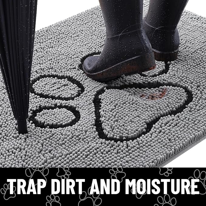 Smiry Dog Door Mat for Muddy Paws, Absorbent Dirt Trapper Non Slip Quick Dry Washable Chenille Mat for Mud Dogs, Entry Rug for Indoor and Outdoor (44x32 Inches, Grey and Black)