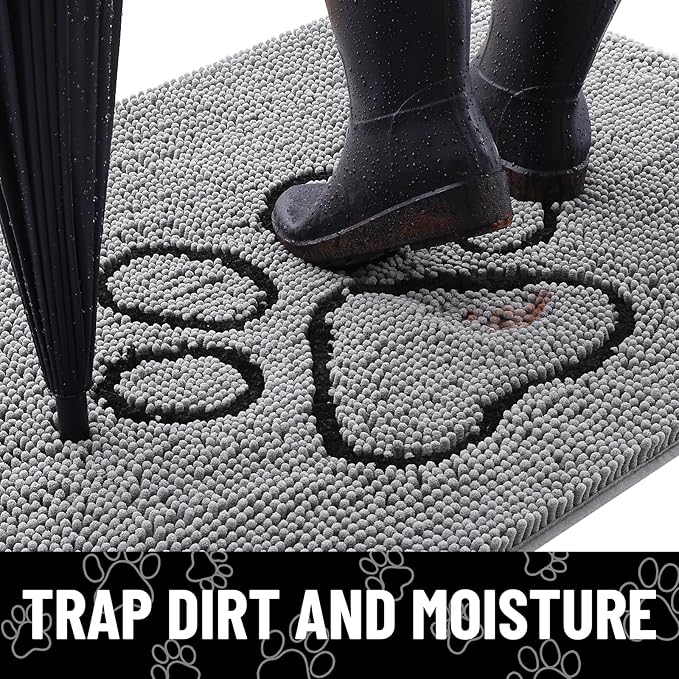 Smiry Dog Door Mat for Muddy Paws, Absorbent Dirt Trapper Non Slip Quick Dry Washable Chenille Mat for Mud Dogs, Entry Rug for Indoor and Outdoor (70x24 Inches, Grey and Black)