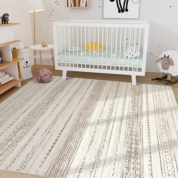 Nakagishi 10x14 Area Rugs Living Room: Washable Boho Large Neutral Modern Soft Farmhouse Rug Stain Resistant Indoor Non-Slip Accent Carpet for Bedroom Nursery Kids Playroom Office Dining Room- Brown