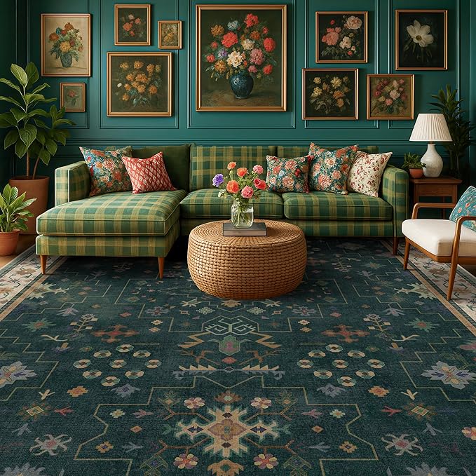 Hazo Haus Dark Green Vintage 8x10 Washable Rugs for Living Room - Dark Academia Victorian Floral Geometric Bedroom Rug, Ultra Soft Thin Low Pile Non-Slip Large Rugs for Dining Room Under Table Lounge