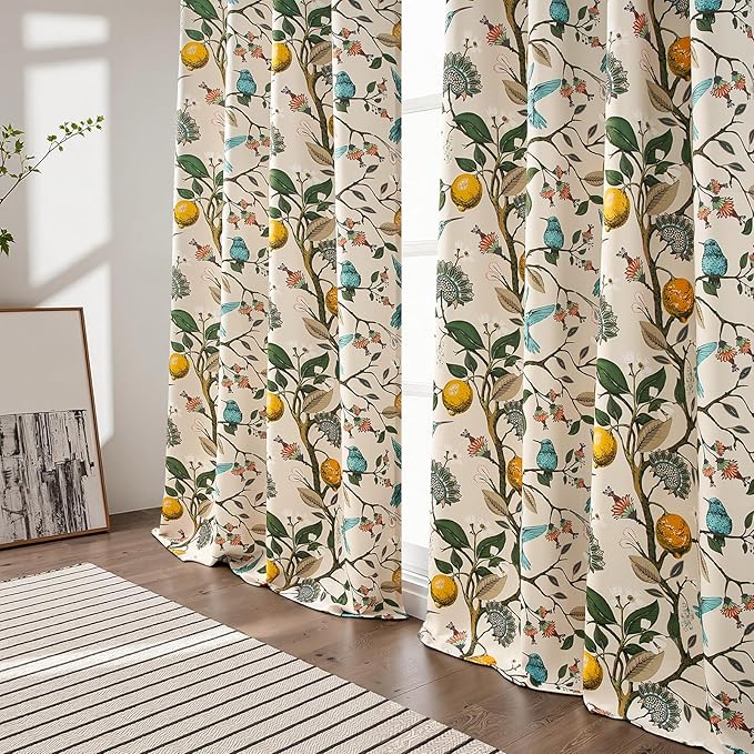 Topfinel 94 Inches Long Custom Window Treatments,Retro Art Deco Euro Flower Hummingbird Patterned Pretty Elegant Light Blocking Grommet Curtains Vintage Floral Curtains for Bedroom Playroom Room