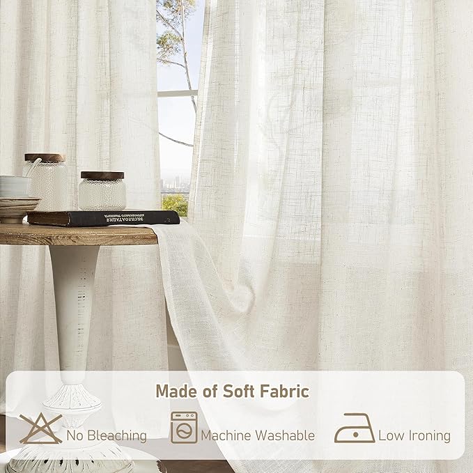 LAMIT 60 Inch Wide Linen Curtains 95 Inches Long, Ivory Cream Light Filtering Faux Linen Textured Bedroom Panels Semi Sheer Back Tab and Rod Pocket Boho Drapes for Living Room/Farmhouse, 2 Panels