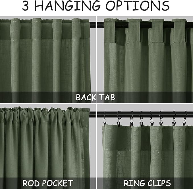 Nanspring Olive Green Linen Curtains for Living Room 2 Panels Set 144 Inch Length Back Tab Light Filtering Semi Sheer Curtain Drapes for Bedroom 52x144