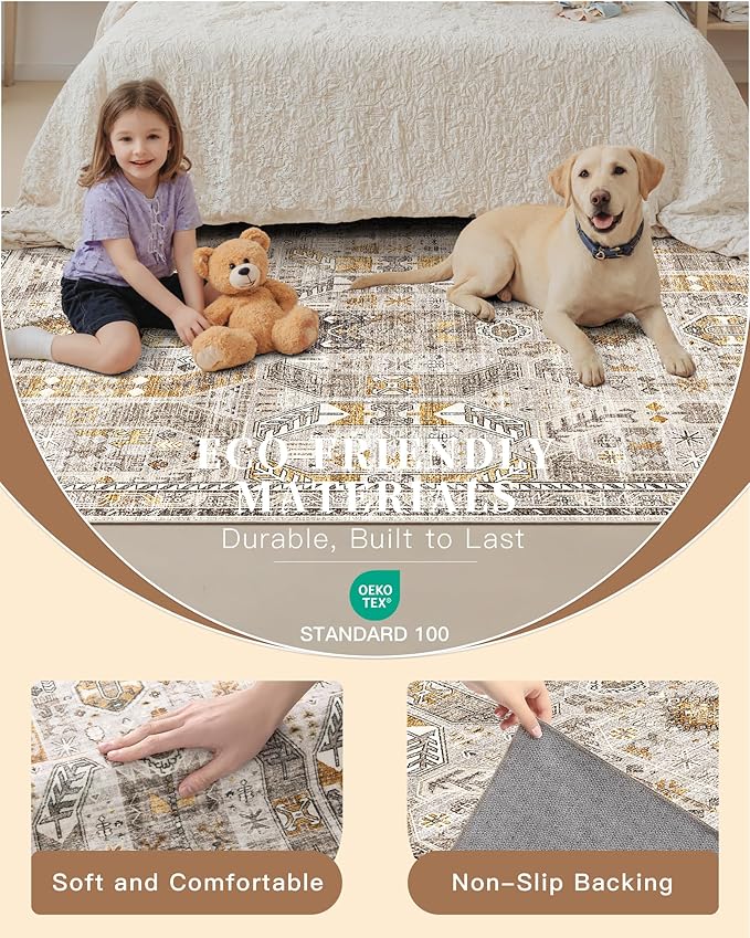 Madane Hallway Runner 3x8, Kitchen Rugs Washable Entryway Rug Vintage Kitchen Runners Non Slip Indoor Area Rug Farmhouse Carpet Runner for Bathroom Living Room Bedroom (3 X 8, Brown/Gold)
