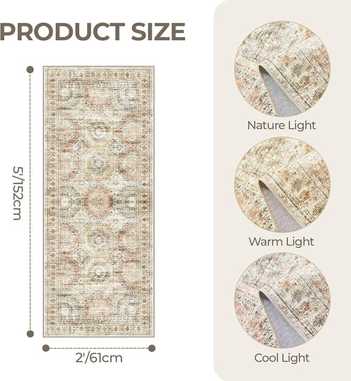 2x5 Rug Runner Washable for Entryway, Soft Bathroom Rugs with Non-Slip Backing, Abstract Low Pile Hallway Runner, Vintage Small Kitchen Carpet for Stair, Laundry Room(2'x5', Brown/Pink)