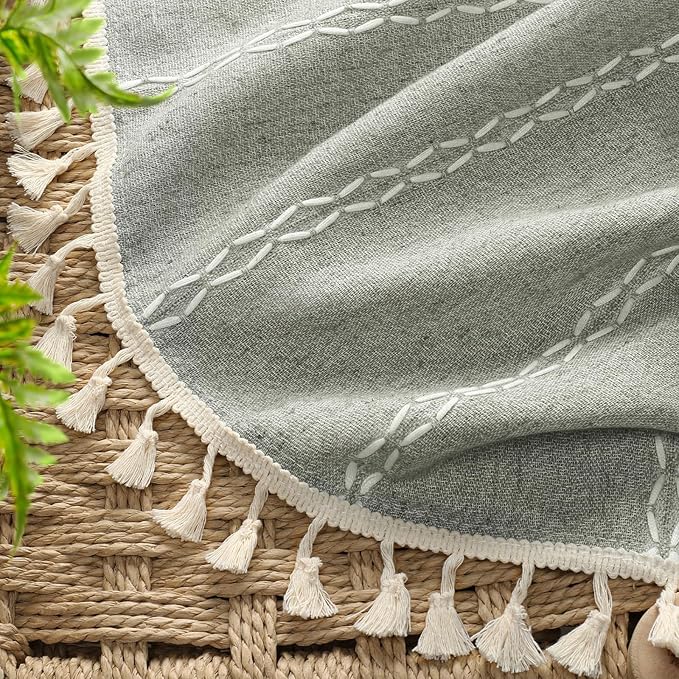 Boho Blackout Curtains 96 Inches Long Sage Green Linen Blend 2 Panels with Tassels and Cotton Embroidery, Farmhouse Vintage Rustic Rod Pocket Drapes for Living Room or Bedroom