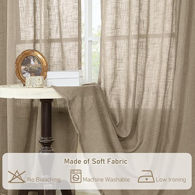 LAMIT Taupe Semi Sheer Window Linen Curtains 63 Inch Length, Light Filtering Panels Back Tab and Rod Pocket Country Decor Drapes for Bedroom/Living Room, 2 Panels, 34 x 63 Inch