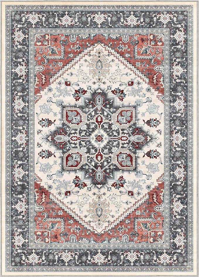 OPPODREAM Soft Area Rugs 3x5, Washable Rugs with Non Slip Backing, Low-Pile Throw 3x5 Carpet, Faux Cashmere 3 x 5 Carpet, Black & Red