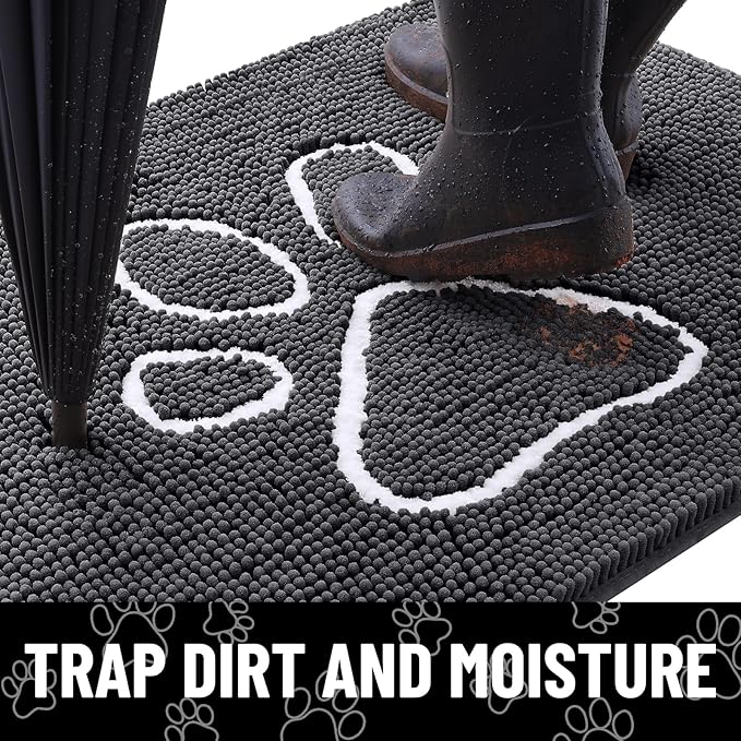 Smiry Dog Door Mat for Muddy Paws, Absorbent Dirt Trapper Non Slip Quick Dry Washable Chenille Mat for Mud Dogs, Entry Rug for Indoor and Outdoor (45x27 Inches, Dark Grey and White)