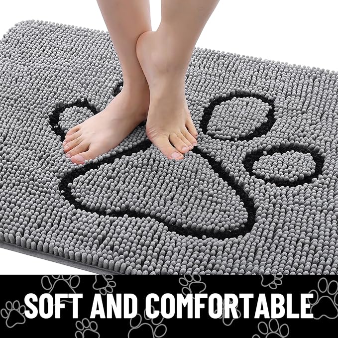 Smiry Dog Door Mat for Muddy Paws, Absorbent Dirt Trapper Non Slip Quick Dry Washable Chenille Mat for Mud Dogs, Entry Rug for Indoor and Outdoor (70x24 Inches, Grey and Black)