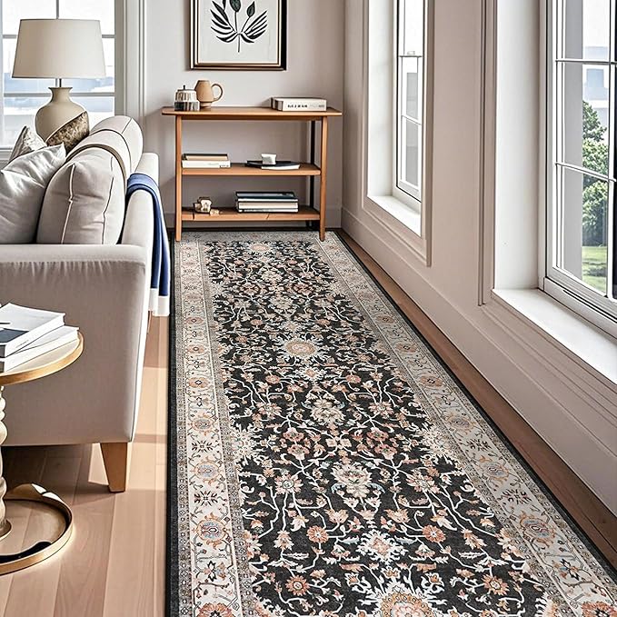TOPRUUG Washable 4x10 Runner Rug: Vintage Non-Slip Hallway Runner Rug Stain Resistant Durable Kitchen Rug Soft Low Pile Thin Carpet for Living Room Bedroom Bathroom (Black, 4X10)