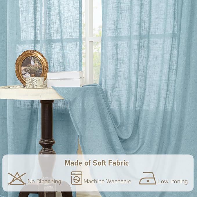LAMIT Stone Blue Linen Curtains 90 Inch for Living Room, Back Tab and Rod Pocket Linen Textured Farmhouse Panels Light Filtering Drapes for Bedroom/Dining Room, Set of 2, 52 x 90 Inch
