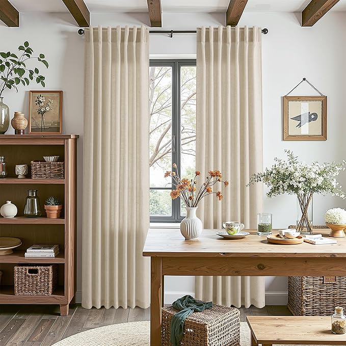 Eggshell Beige Linen Curtains 80 Inch Length for Living Room Light Filtering Semi Sheer Curtain Back Tab Rustic Farmhouse Decor Burlap Luxury Boho Drapes for Bedroom Dinner Room 52x80, 2 Panels