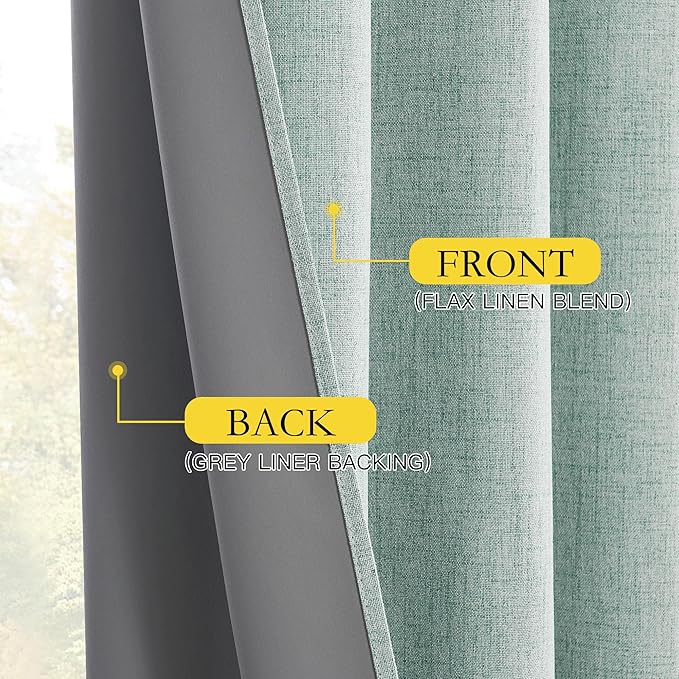 NICETOWN 100% Absolutely Blackout Linen Curtains with Thermal Insulated White Liner, Seafoam Green, 42 inches Wide, 63 inches Length Energy Saving Curtains for Kitchen 2 Panels Set, Vertical Blinds