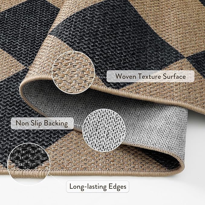 Lahome Colette Checkered Easy Jute Runner Rug, 2x8 Hallway Kitchen Runner Rug Non Slip Washable Outdoor Carpet for Entryway Indoor, Checkerboard Black Indoor Outdoor Carpet for Hallway 8ft Entry