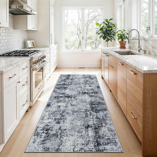 2x5 Washable Runner Rug for Hallway: Non Slip Entryway Runners Rugs Easy-to-Clean - Soft Living Room Bedroom Carpet - Thin Low Pile Floor Mat for Dining Room Black Grey