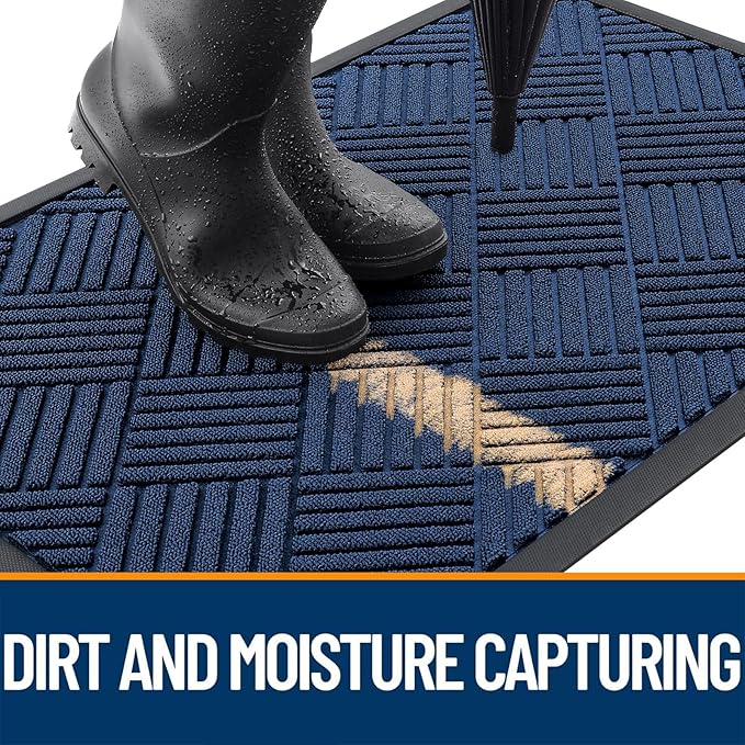 OLANLY Front Door Mat Outside Entrance 71x47, Absorbent, Heavy Duty Sturdy Natural Rubber Doormat Indoor Outdoor, Stain Fade Resistant, Non-Slip Low Profile Floor Mat for Entryway, Navy Blue Diamond