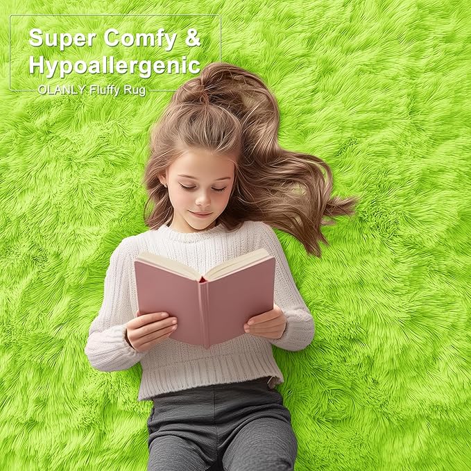 OLANLY 2x3 Machine Washable Small Bedside Rug, Soft Fluffy Shaggy Entryway Throw Rugs for Bedroom, Living Room, Indoor Floor Carpet for Kids Girls and Boys, Home Decor Aesthetic, Lime Green