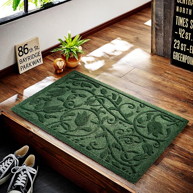 Boho Green Floral Leaves Outdoor Indoor Entrance Doormats, Absorbent Durable Heavy Duty Welcome Front Door Mat,Thick Natural Rubber Back,Easy Clean Entryway Mat 17x30 Inch, Low Profile