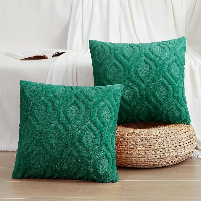 decorUhome Throw Pillow Covers 16x16 Inch Set of 2, Soft Plush Faux Wool Green Solid Couch Pillow Covers, Accent Farmhouse Neutral Square Pillow Cases for Sofa Bed Living Room