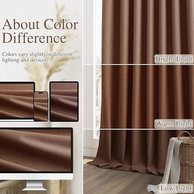 Guken 100% Blackout Curtains 90 Inch Length 2 Panels Set for Living Room Bedroom Back Tab Thermal Insulated Black Out Linen Drapes Room Darkening Window Curtains 90 Inches Long,Rustic Brown