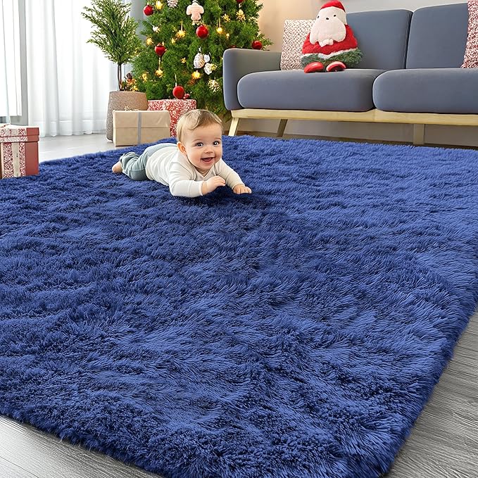 OLANLY 7x7 Machine Washable Large Area Rugs for Living Room, Bedroom, Soft Fluffy Shaggy Bedside Rug, Indoor Floor Carpet for Kids Girls and Boys, Dorms, Nursery, Home Decor Aesthetic, Navy Blue