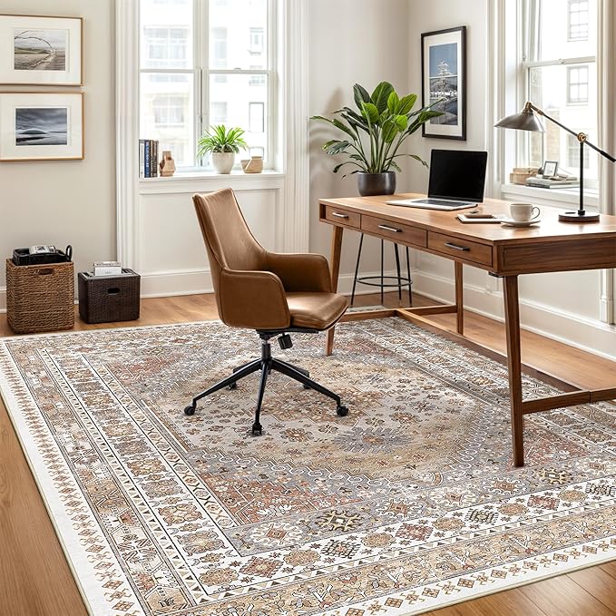 6x9 Area Rugs for Living Room,Soft Low Pile Indoor Washable Rugs for Bedroom, Non-Slip Backing Vintage Large Area Rug, Printed Vintage Floral Carpet(Orange,6'x9')