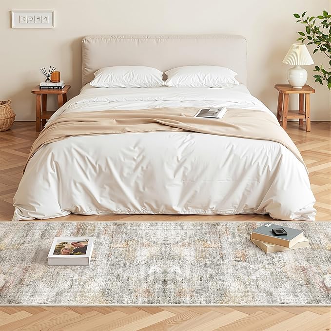 2x5 Rug Runner Washable for Entryway, Soft Bathroom Rugs with Non-Slip Backing, Abstract Low Pile Hallway Runner, Vintage Small Kitchen Carpet for Stair, Laundry Room(2'x5', Grey/Rust)