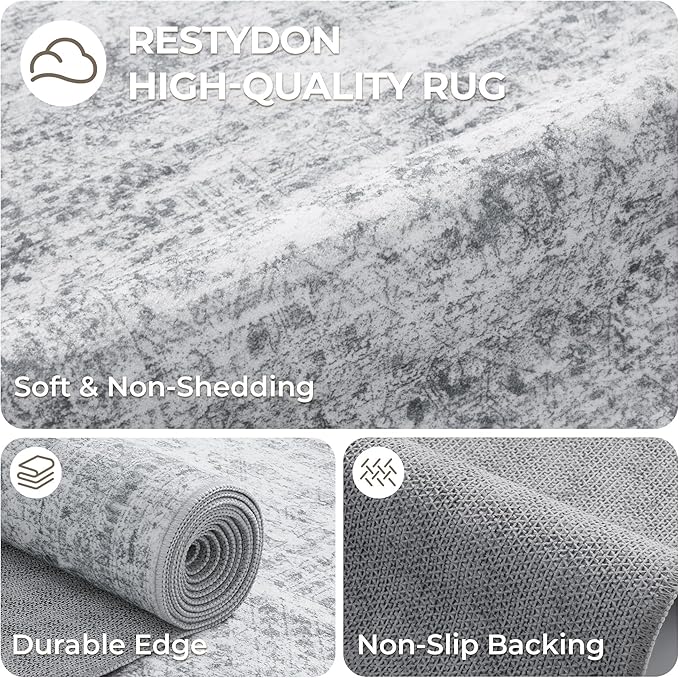 3x8 Runner Rug Non Slip Washable for Entryway, Vintage Hallway Runner for Front Porch, Laundry Room, Bedroom, Abstract Stain Resistant Thin Indoor Kitchen Mats for Floor(3'x8', Grey/Ivory)