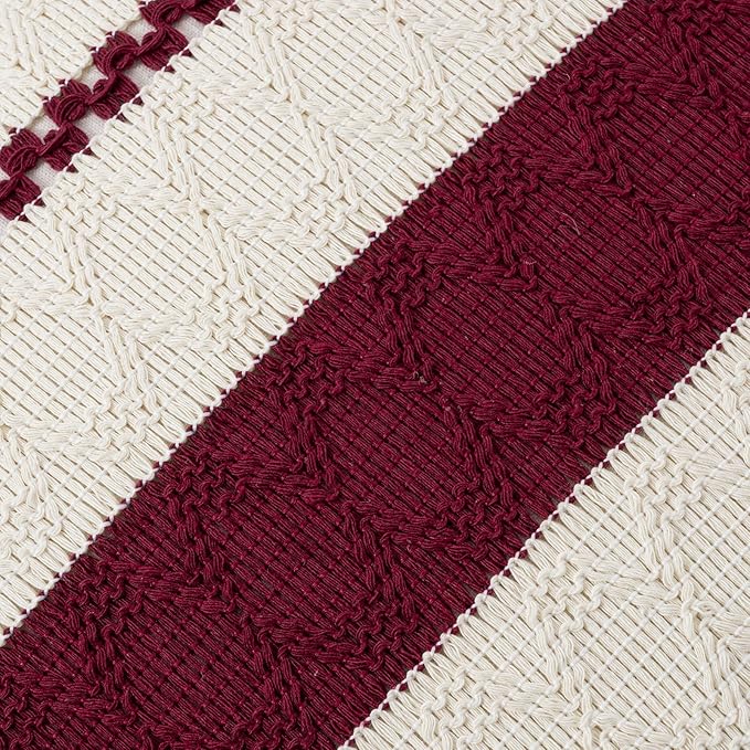 Fancy Homi Set of 1 Burgundy Boho Long Lumbar Decorative Throw Pillow Cover 12x20 Inch for Couch Bed Sofa, Aesthetic Modern Farmhouse Christmas Room Decor, Soft Cotton Cute Wind Red Cushion Case