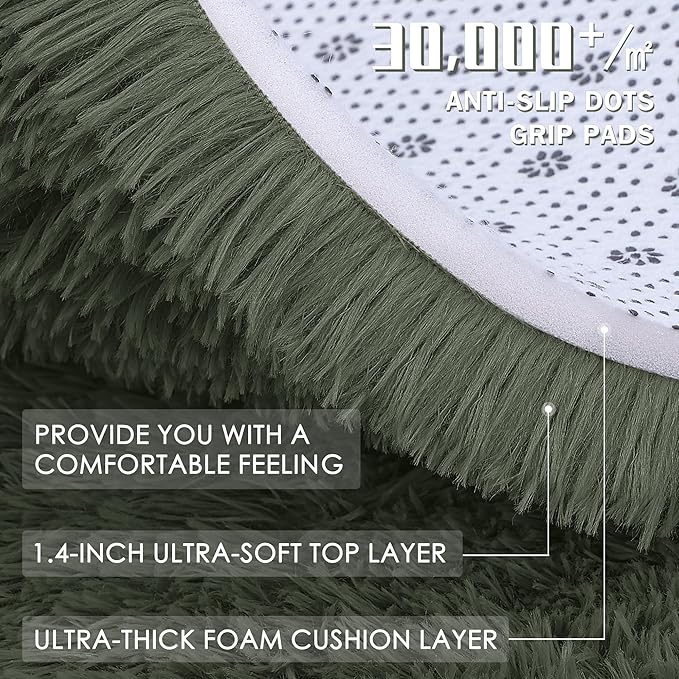 OLANLY Olive Green Round Rugs for Bedroom - Machine Washable, 5 ft Circle Area Rugs for Living Room, Soft and Fluffy Shaggy Carpet for Teen Girl and Boys, Nursery Rooms, Dorms, Home Decor Aesthetic