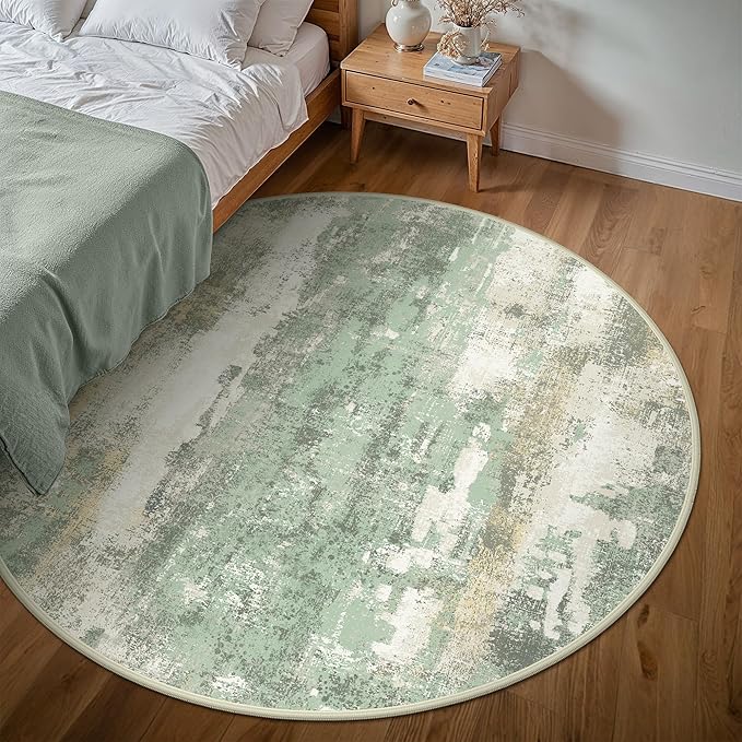 Round Rugs 5FT for Living Room Bedroom, Modern Abstract Machine Washable Circle Rug, Soft Low Pile Floor Cover with Non Slip Backing for Dining Room, Light Green