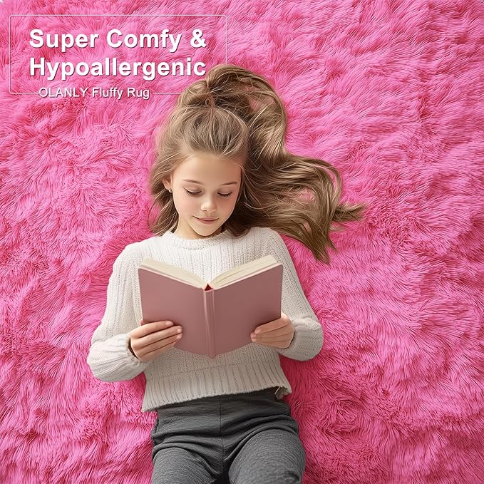 OLANLY 5x7 Machine Washable Large Area Rugs for Living Room, Bedroom, Soft Fluffy Shaggy Bedside Rug, Indoor Floor Carpet for Kids Girls and Boys, Dorms, Nursery, Home Decor Aesthetic, Hot Pink